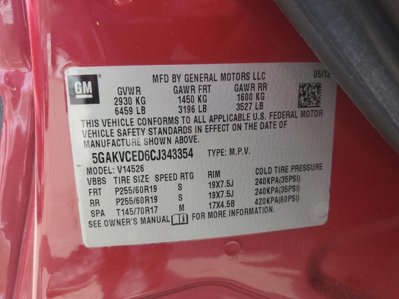 2012 Buick Enclave VIN: 5GAKVCED6CJ343354 Lot: 59974145