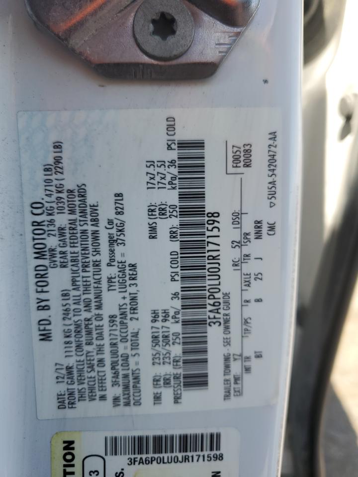 2018 Ford Fusion Se Hybrid VIN: 3FA6P0LU0JR171598 Lot: 54035695