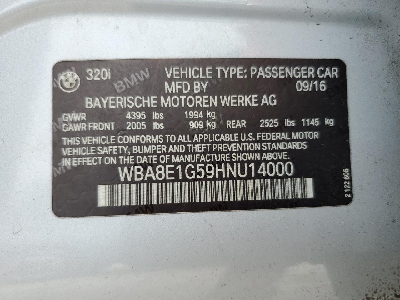 2017 BMW 320 I VIN: WBA8E1G59HNU14000 Lot: 52189165