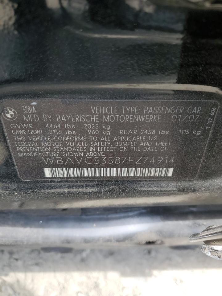 2007 BMW 328 I Sulev VIN: WBAVC53587FZ74914 Lot: 52730935