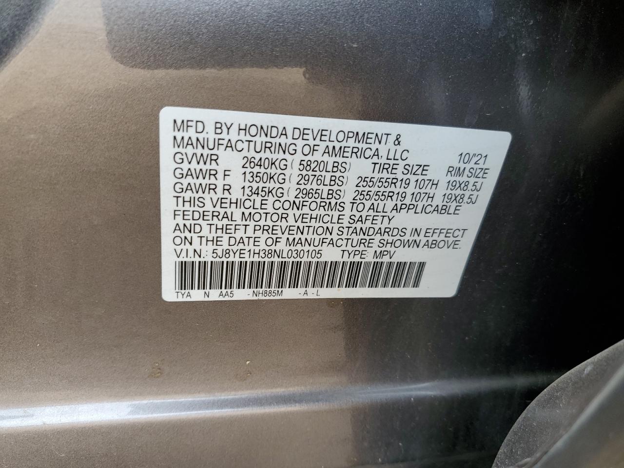 2022 Acura Mdx VIN: 5J8YE1H38NL030105 Lot: 52994385