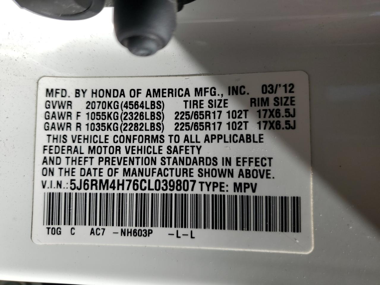 2012 Honda Cr-V Exl VIN: 5J6RM4H76CL039807 Lot: 52176395