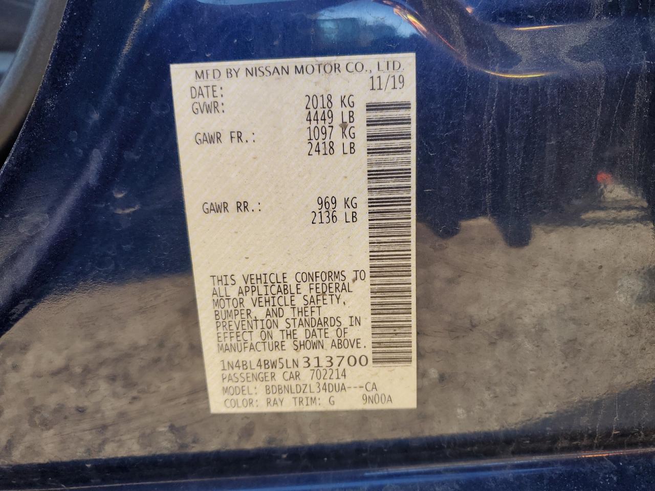 2020 Nissan Altima S VIN: 1N4BL4BW5LN313700 Lot: 52173305