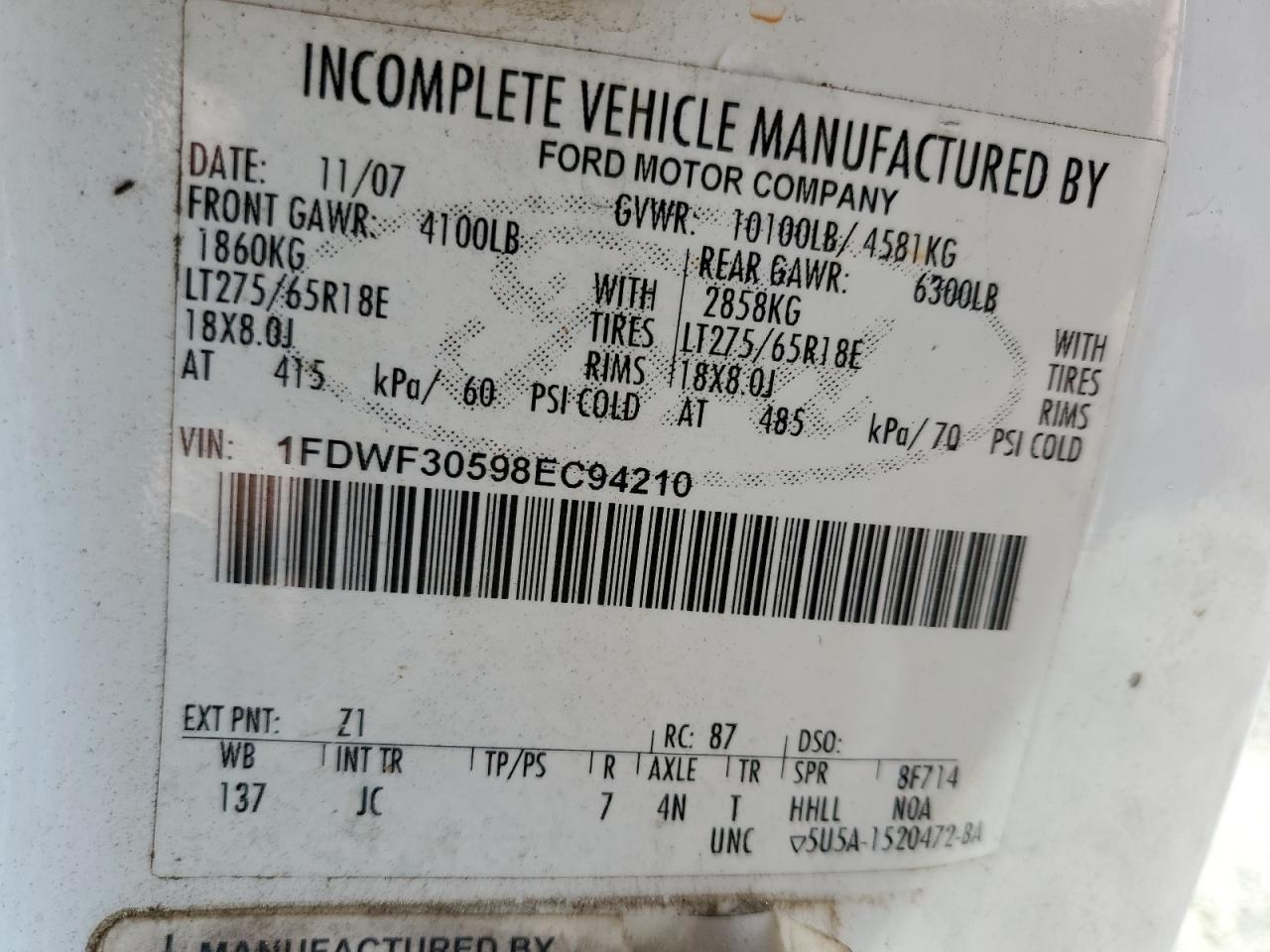 2008 Ford F350 Srw Super Duty VIN: 1FDWF30598EC94210 Lot: 51237515