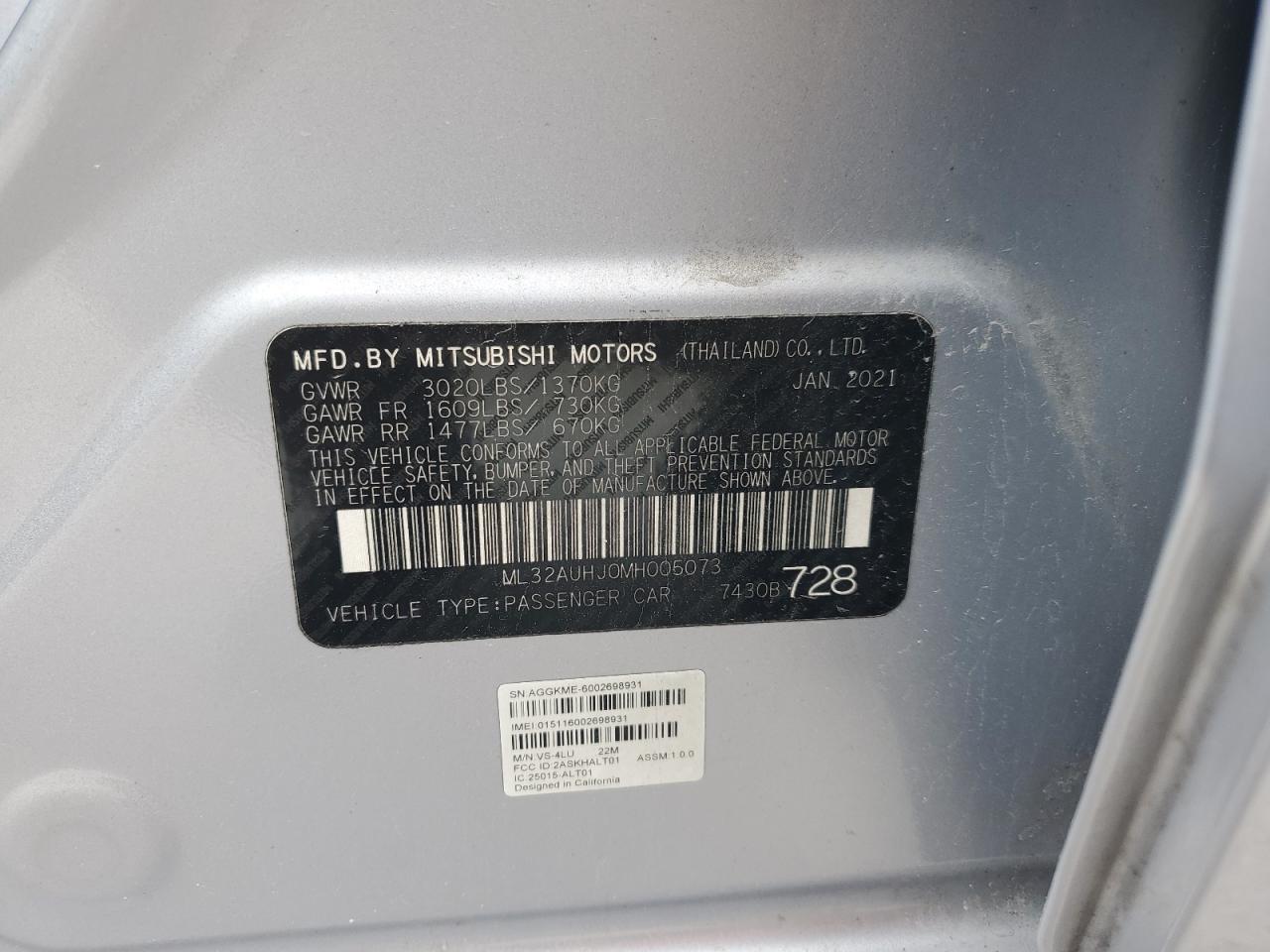 ml32auhj0mh005073 ML32AUHJ0MH005073 2021 Mitsubishi Mirage Es