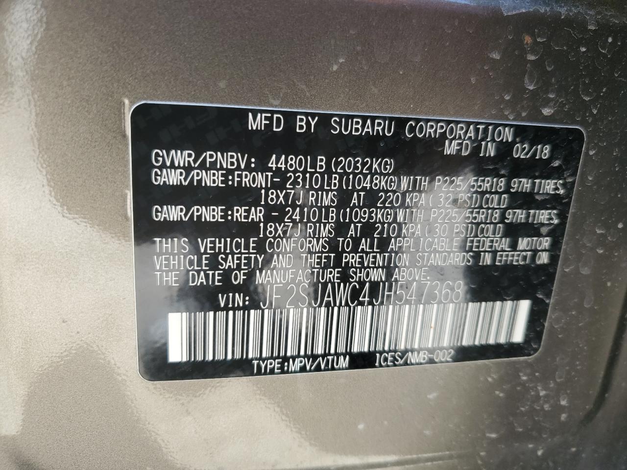 2018 Subaru Forester 2.5I Touring VIN: JF2SJAWC4JH547368 Lot: 54845025