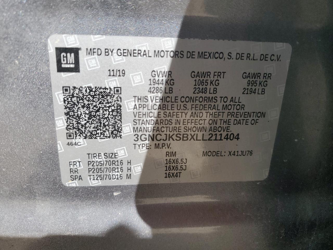 2020 Chevrolet Trax Ls VIN: 3GNCJKSBXLL211404 Lot: 53370245