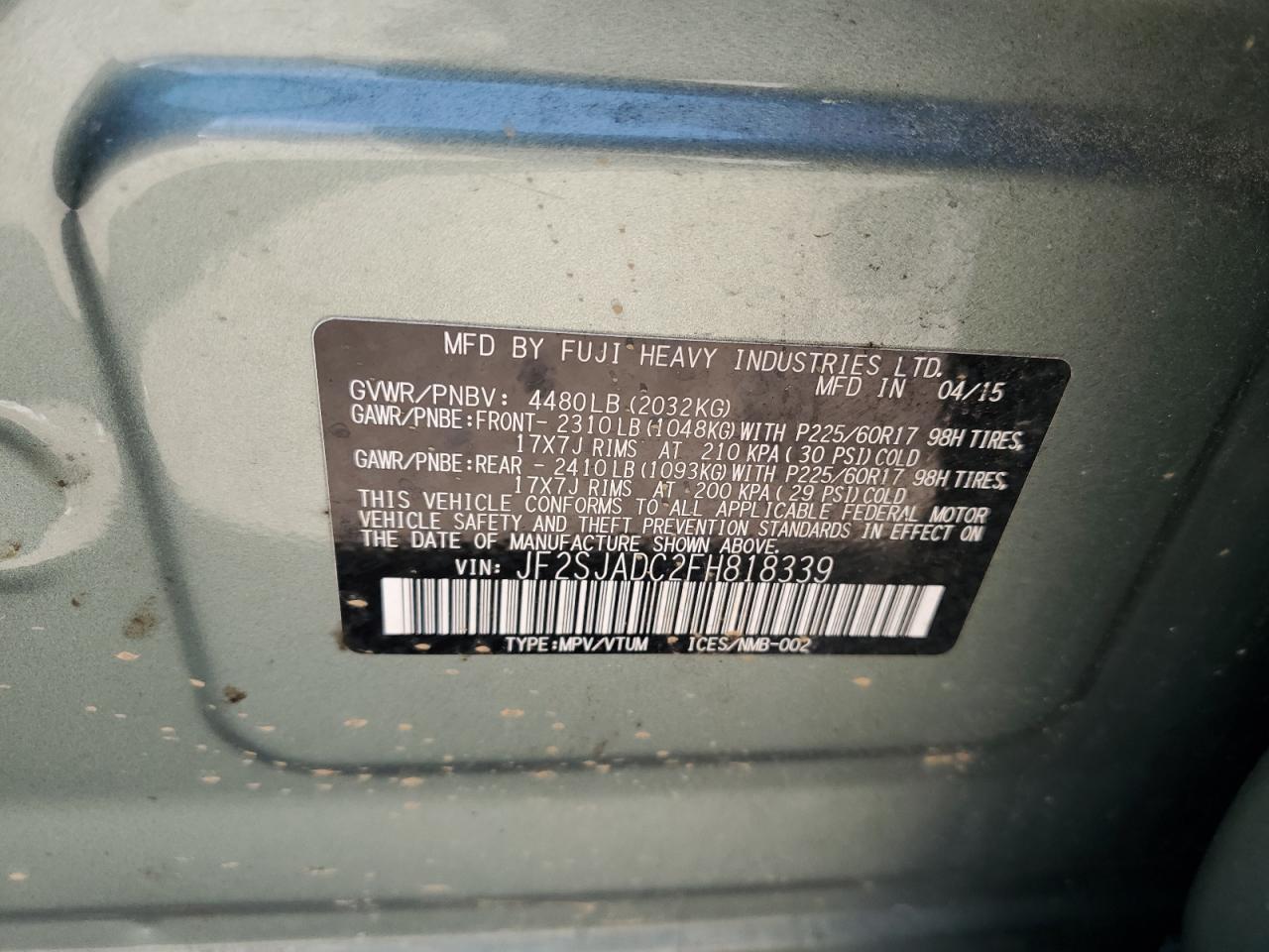 2015 Subaru Forester 2.5I Premium VIN: JF2SJADC2FH818339 Lot: 54275165