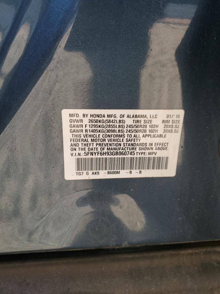 2016 Honda Pilot Touring VIN: 5FNYF6H93GB060745 Lot: 54881105