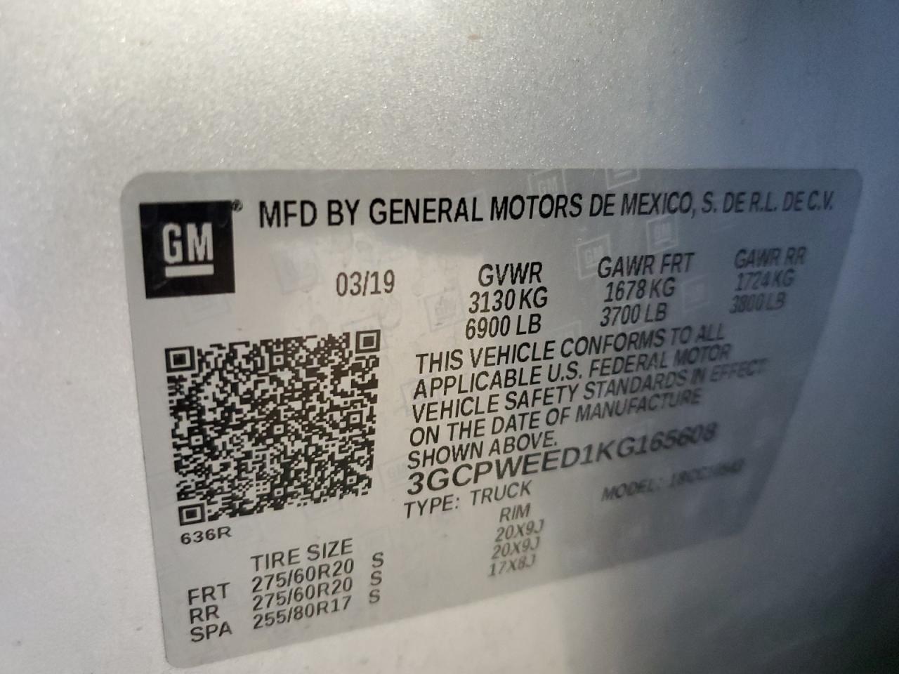 3GCPWEED1KG165608 CHEVROLET ALL Models 2019