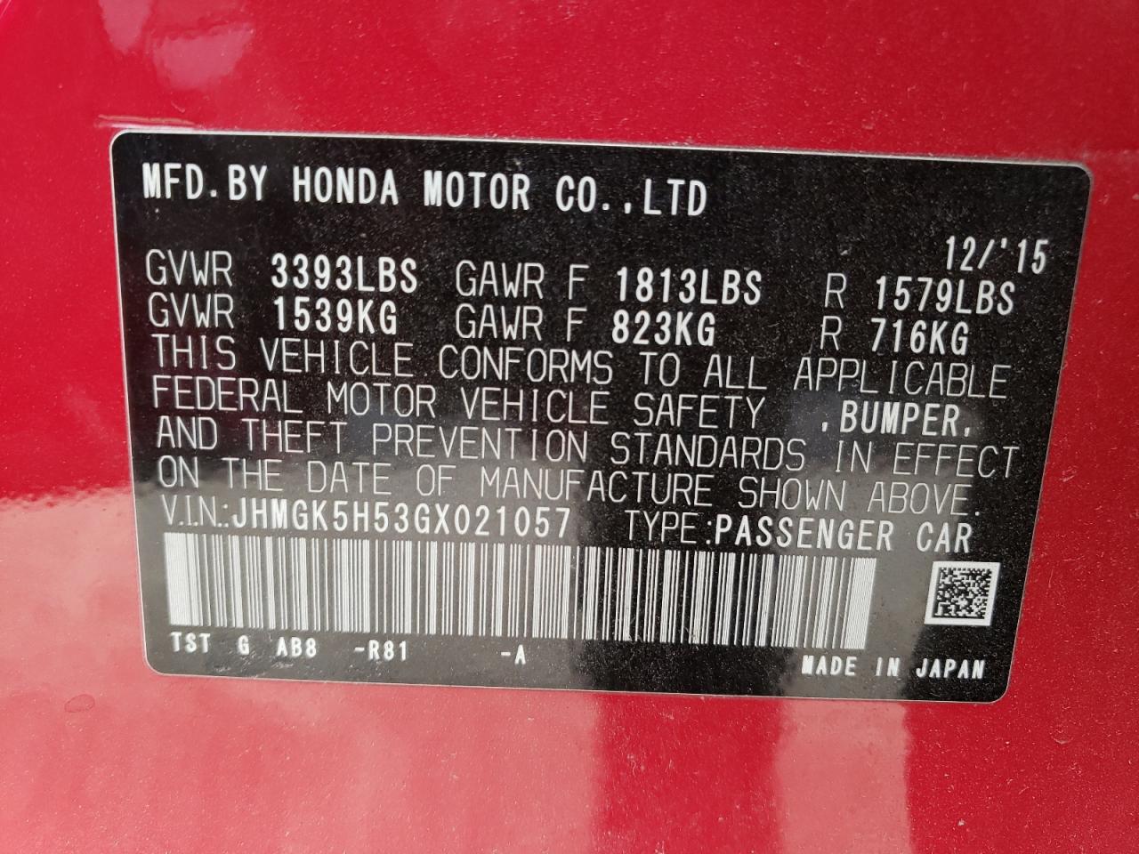 2016 Honda Fit Lx VIN: JHMGK5H53GX021057 Lot: 52970725