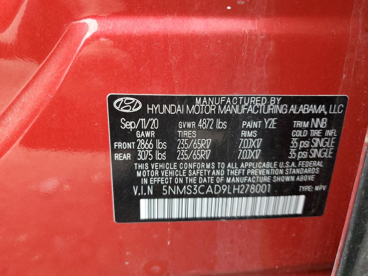 2020 Hyundai Santa Fe Sel VIN: 5NMS3CAD9LH278001 Lot: 53731315