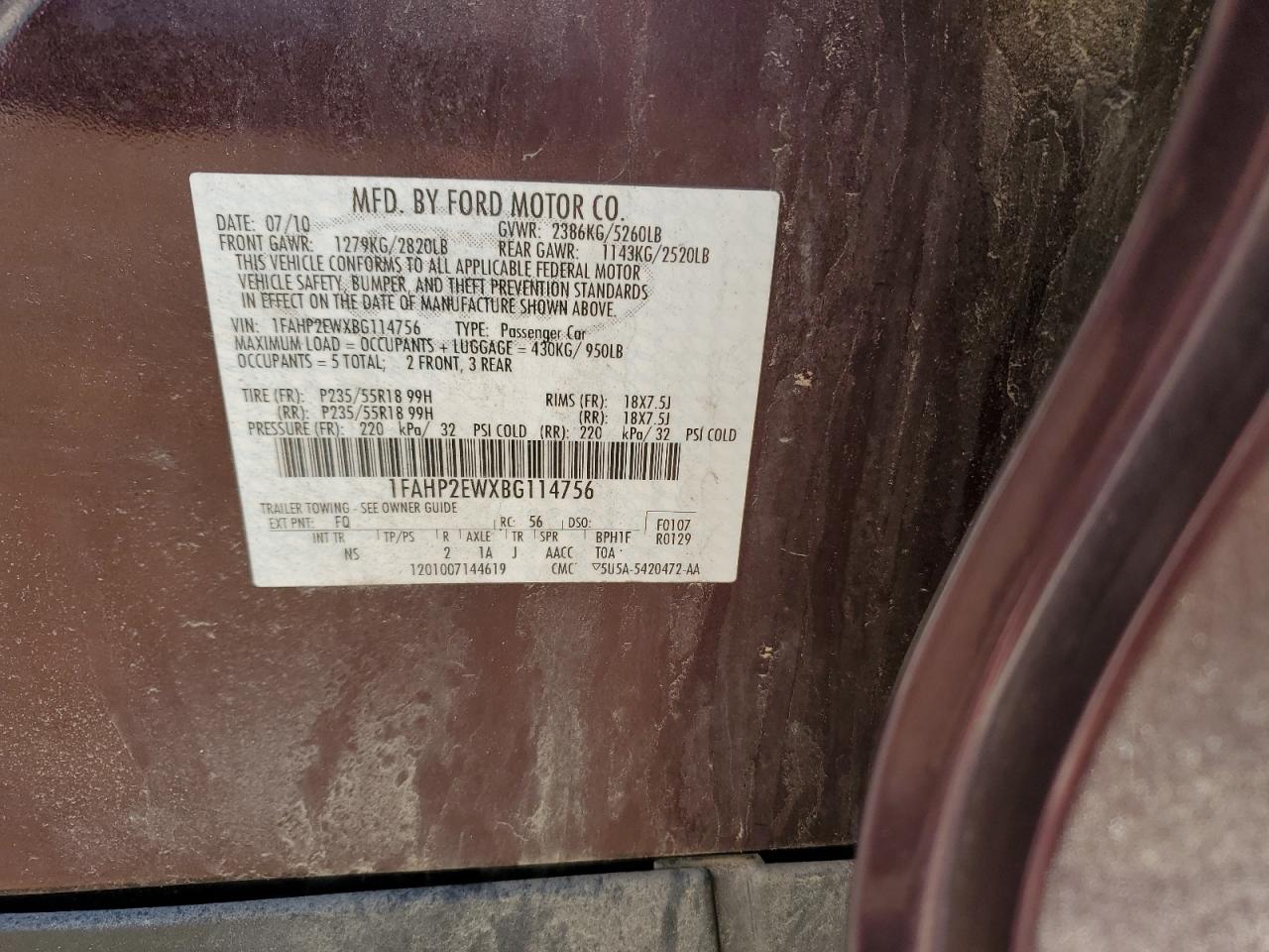 2011 Ford Taurus Sel VIN: 1FAHP2EWXBG114756 Lot: 53308295