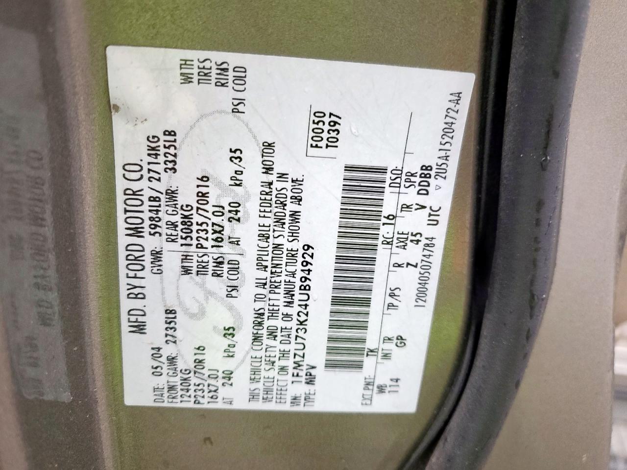 2004 Ford Explorer Xlt VIN: 1FMZU73K24UB94929 Lot: 51740275