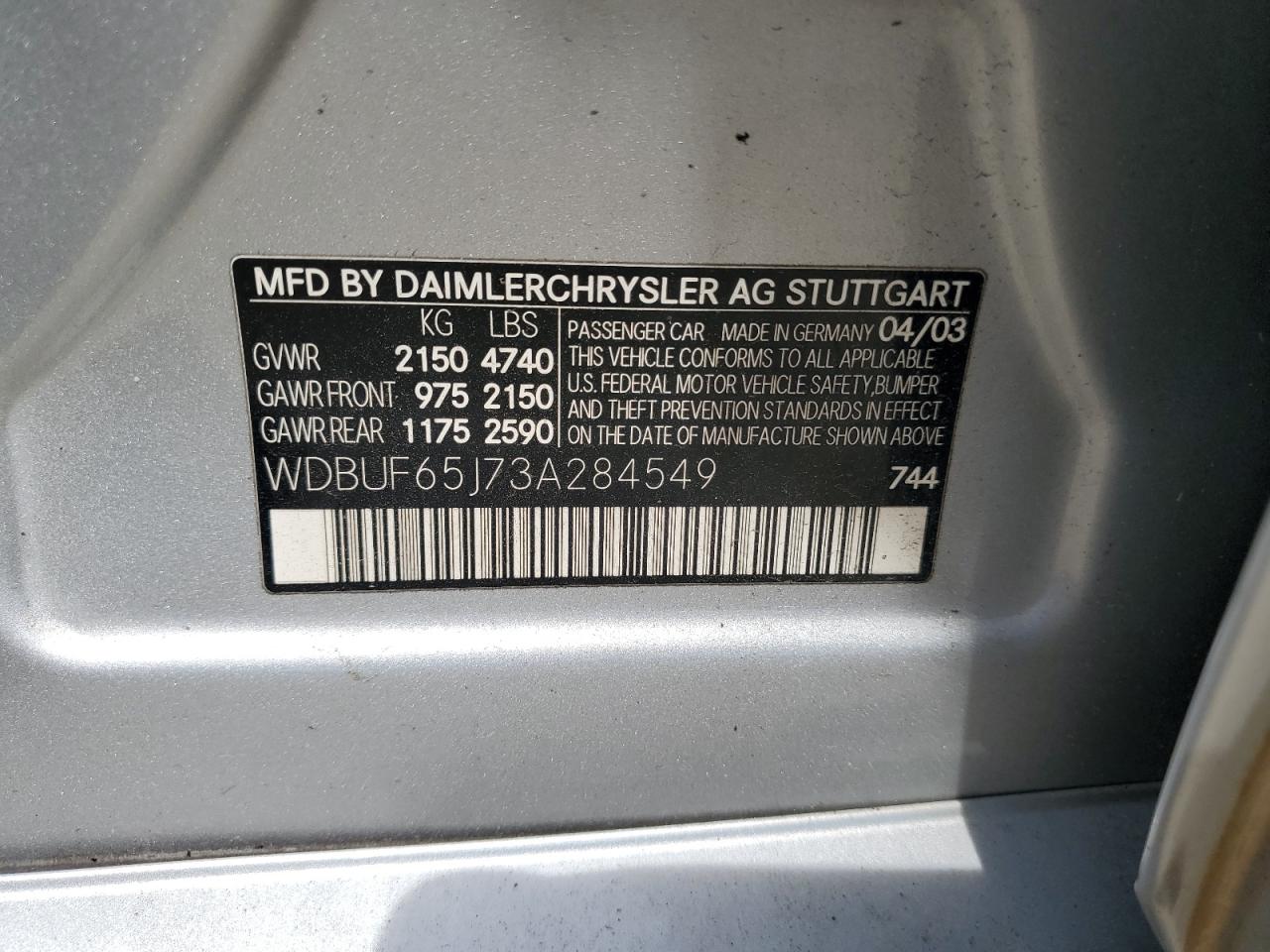 2003 Mercedes-Benz E 320 VIN: WDBUF65J73A284549 Lot: 54491335