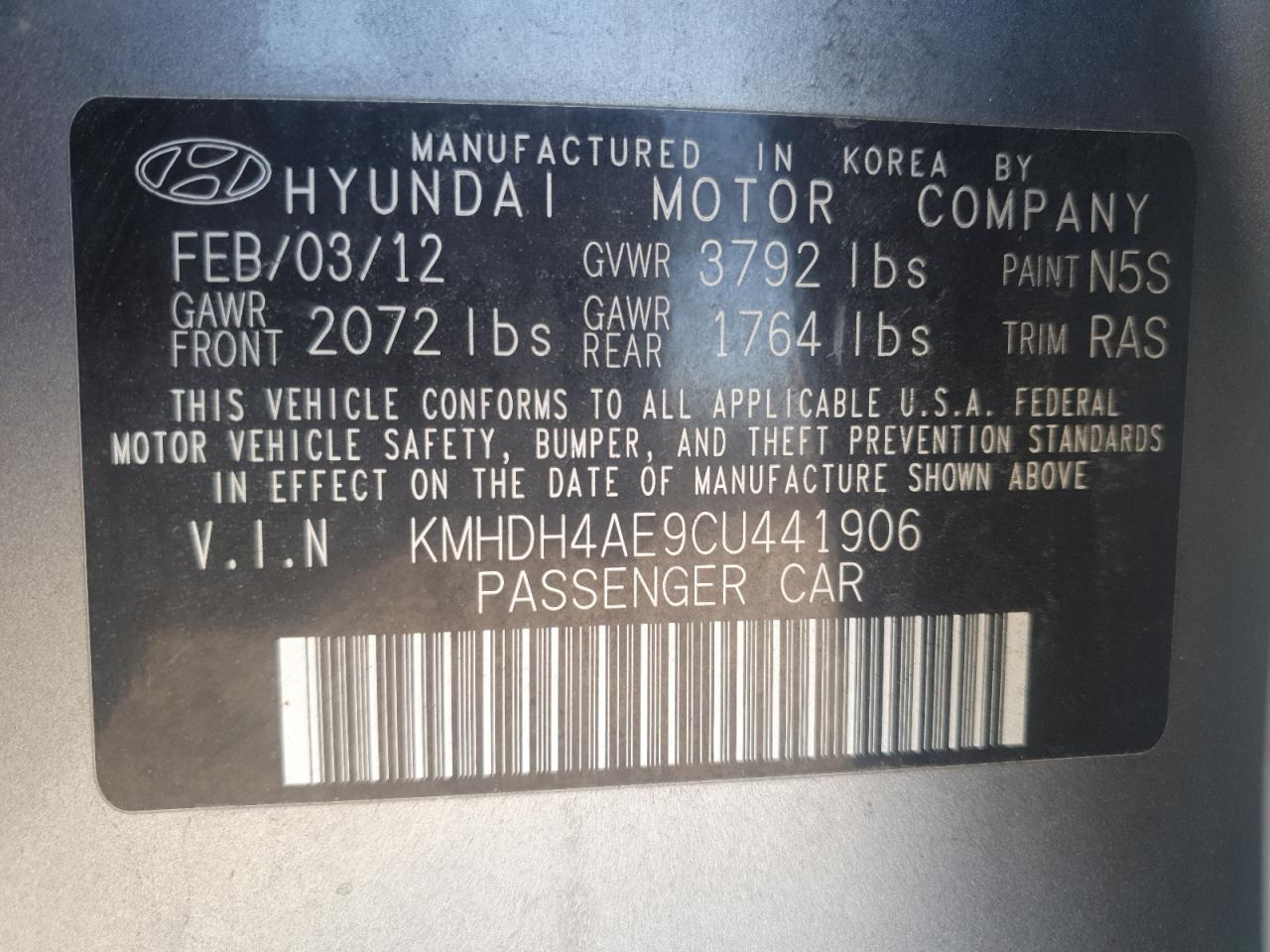 2012 Hyundai Elantra Gls VIN: KMHDH4AE9CU441906 Lot: 54784085