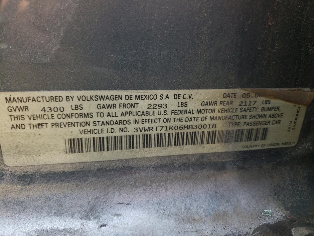 2006 Volkswagen Jetta Tdi VIN: 3VWRT71K06M830018 Lot: 54678445