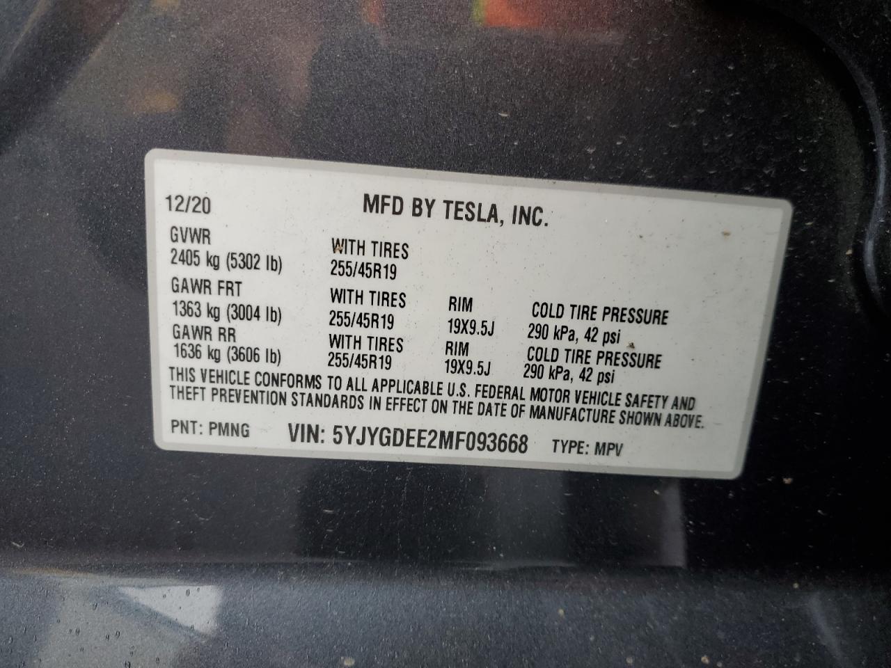 2021 Tesla Model Y VIN: 5YJYGDEE2MF093668 Lot: 53153935