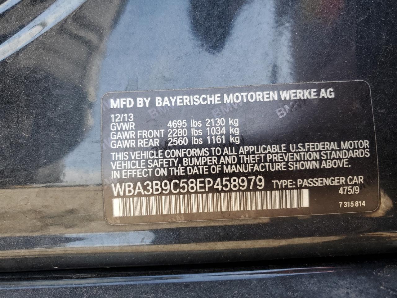 2014 BMW 335 Xi VIN: WBA3B9C58EP458979 Lot: 53272855
