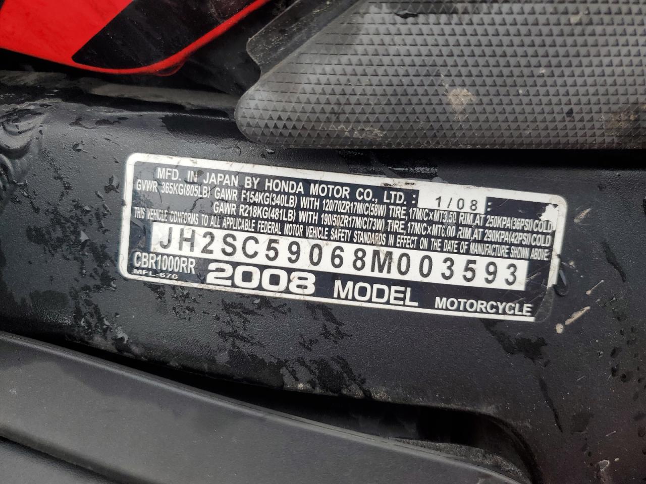 2008 Honda Cbr1000 Rr VIN: JH2SC59068M003593 Lot: 51672605