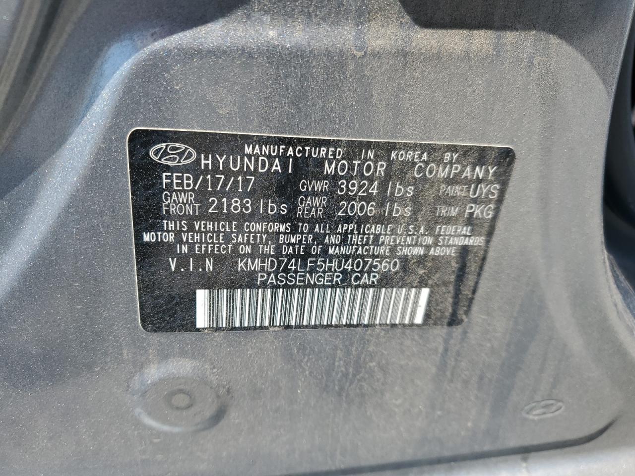 2017 Hyundai Elantra Se VIN: KMHD74LF5HU407560 Lot: 52200265