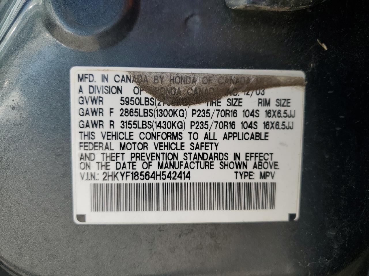 2004 Honda Pilot Exl VIN: 2HKYF18564H542414 Lot: 50727645