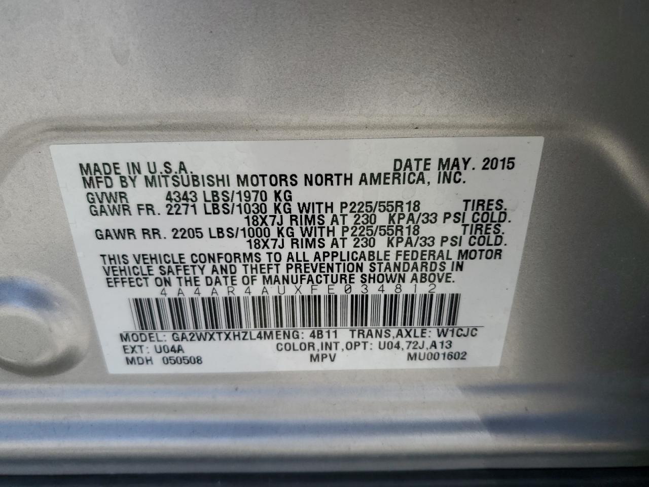 2015 Mitsubishi Outlander Sport Se VIN: 4A4AR4AUXFE034812 Lot: 53969565
