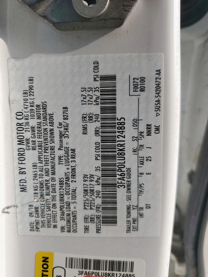 2019 Ford Fusion Se VIN: 3FA6P0LU8KR124885 Lot: 54036685