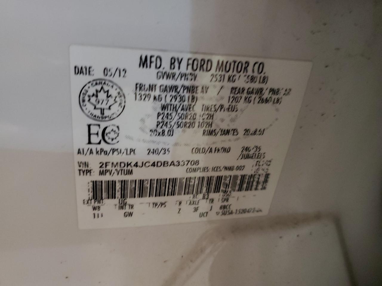 2013 Ford Edge Sel VIN: 2FMDK4JC4DBA33708 Lot: 52768485