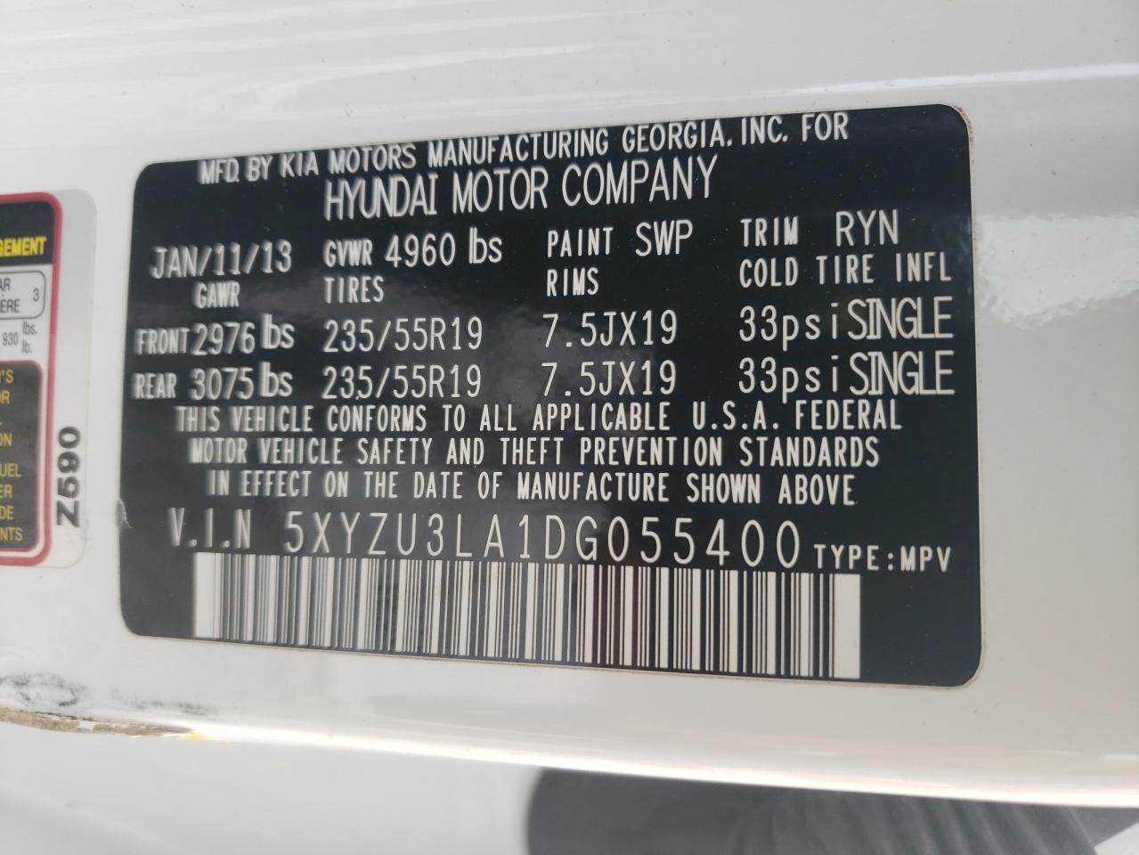 2013 Hyundai Santa Fe Sport VIN: 5XYZU3LA1DG055400 Lot: 62071565