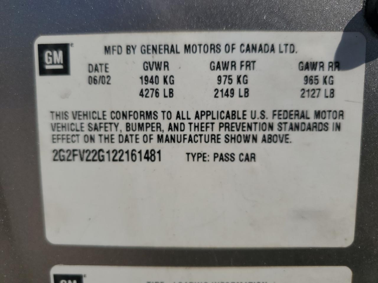 2002 Pontiac Firebird Formula VIN: 2G2FV22G122161481 Lot: 53038095