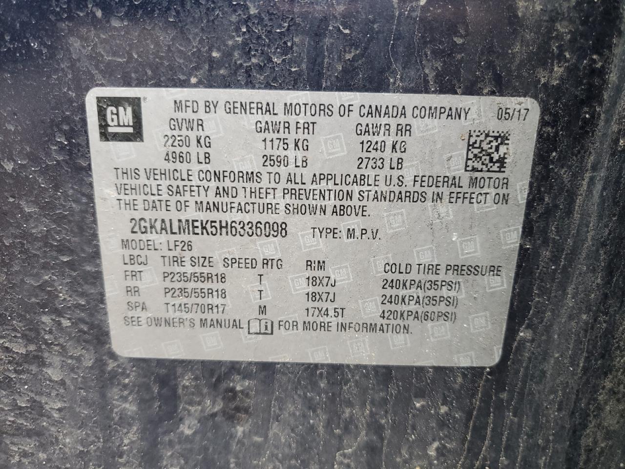 2017 GMC Terrain Sle VIN: 2GKALMEK5H6336098 Lot: 53495735