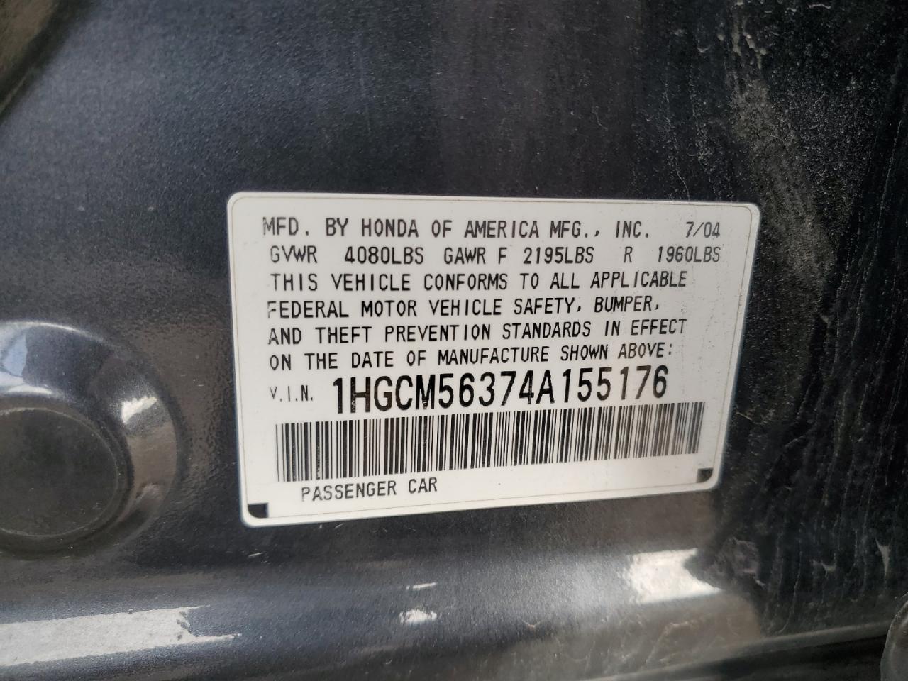 2004 Honda Accord Lx VIN: 1HGCM56374A155176 Lot: 69622705