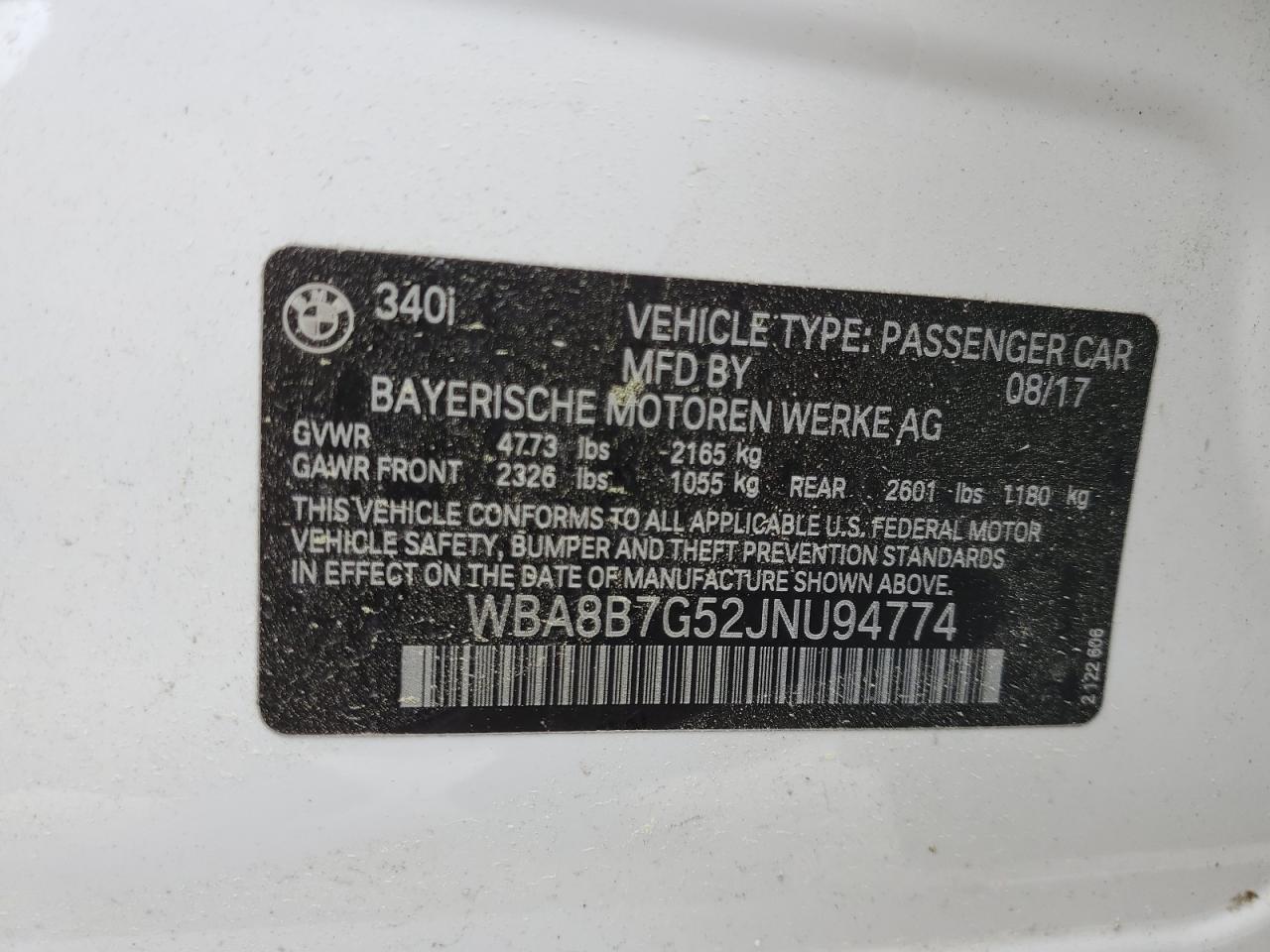 2018 BMW 340 Xi VIN: WBA8B7G52JNU94774 Lot: 52497895