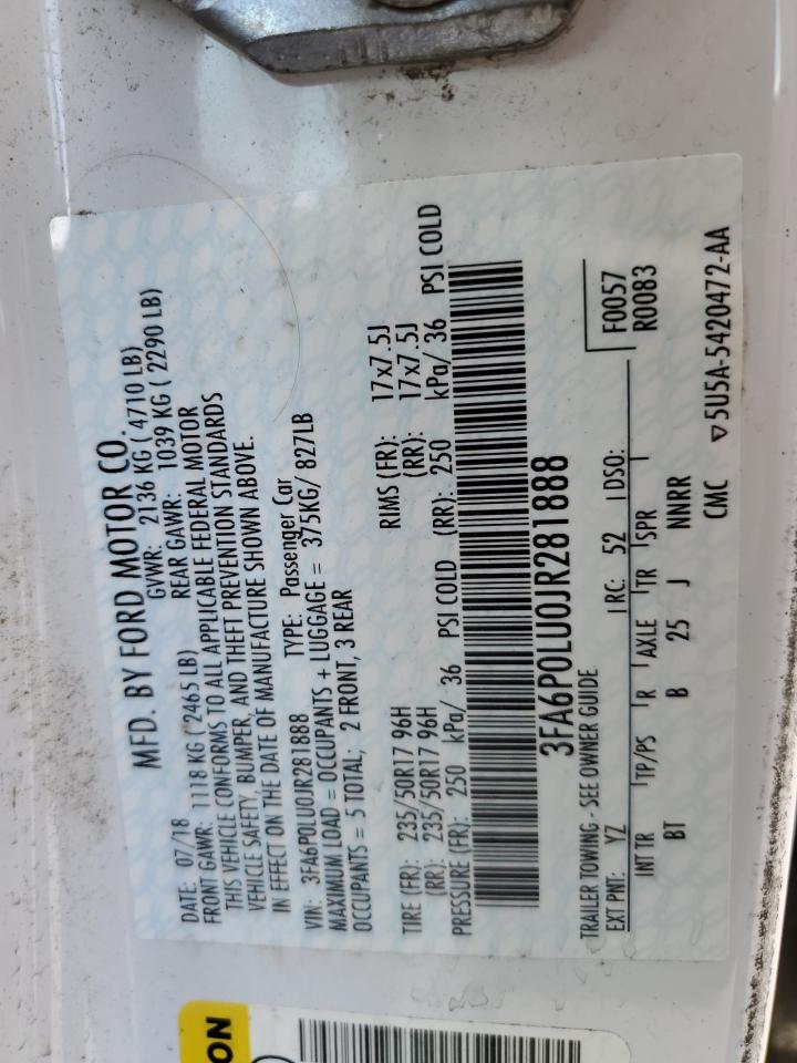 2018 Ford Fusion Se Hybrid VIN: 3FA6P0LU0JR281888 Lot: 54032535