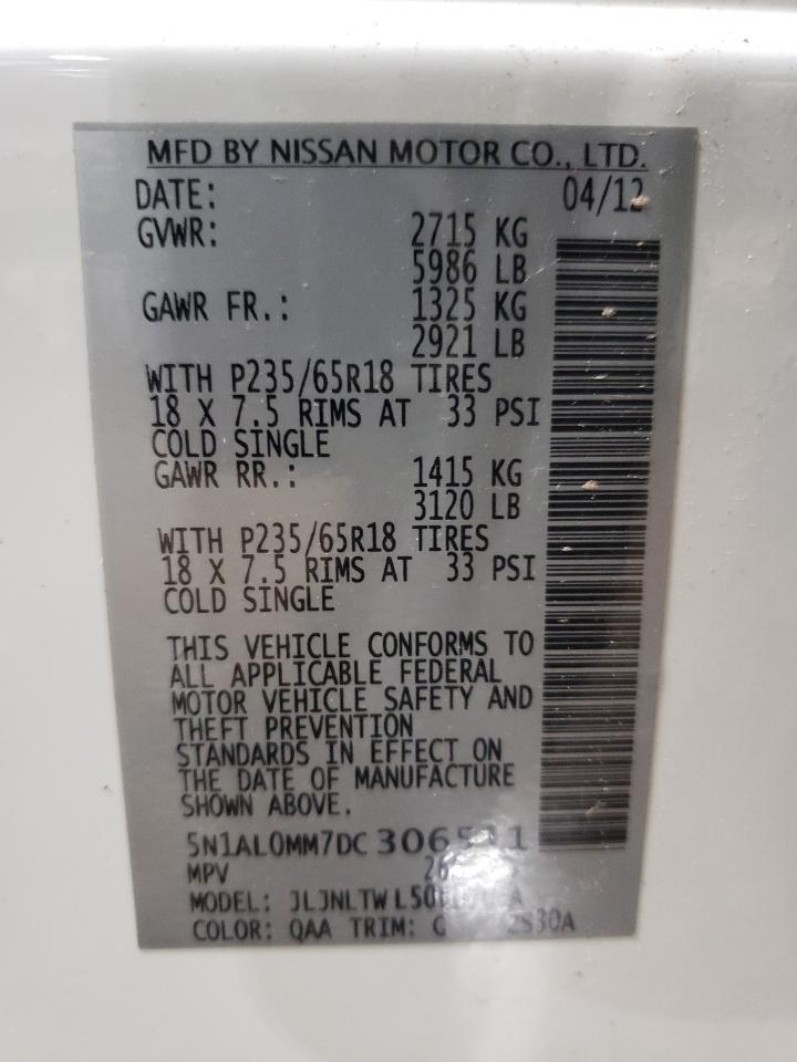 2013 Infiniti Jx35 VIN: 5N1AL0MM7DC306511 Lot: 52390165