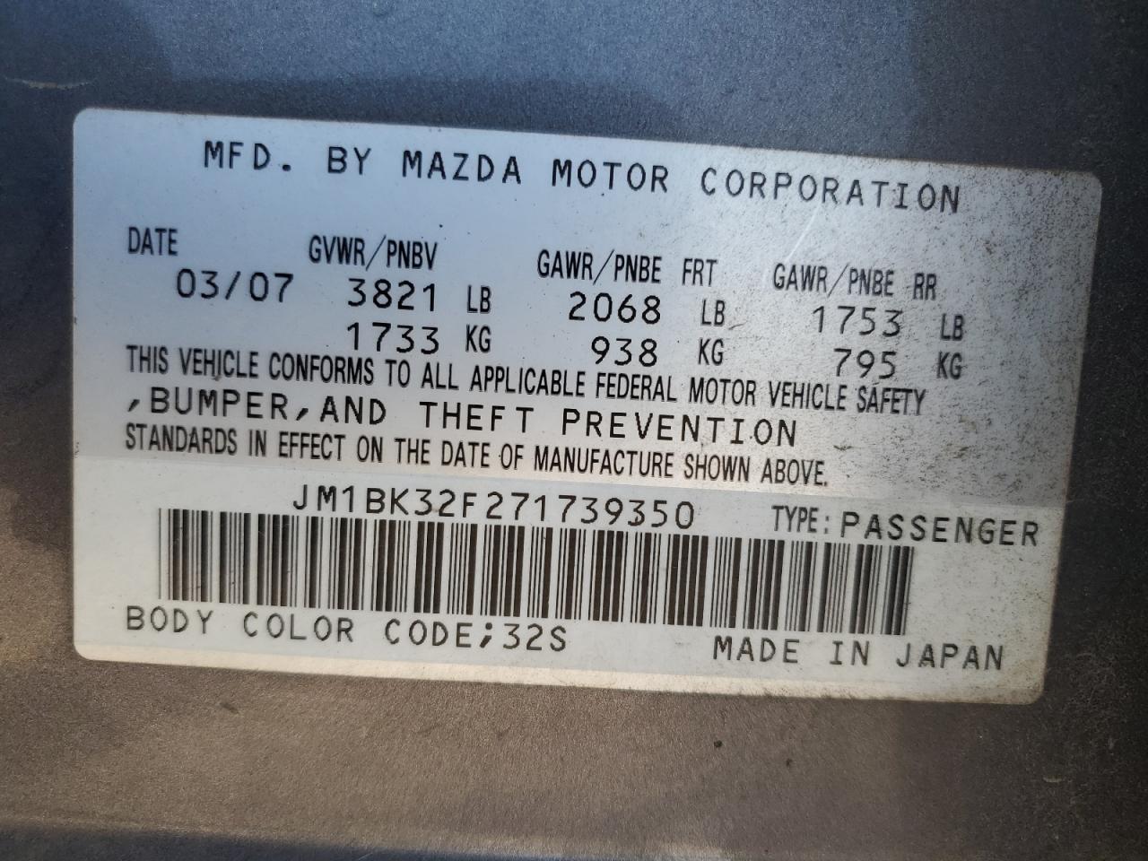 2007 Mazda 3 I VIN: JM1BK32F271739350 Lot: 52307415