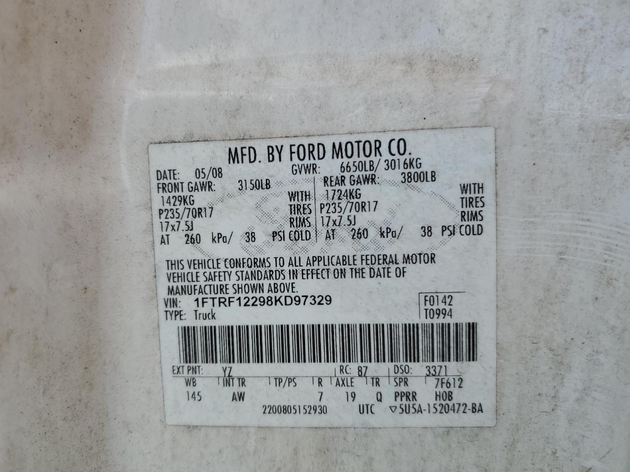 2008 Ford F150 VIN: 1FTRF12298KD97329 Lot: 50548955