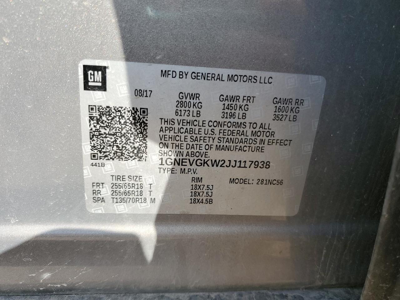 2018 Chevrolet Traverse Lt VIN: 1GNEVGKW2JJ117938 Lot: 55129175