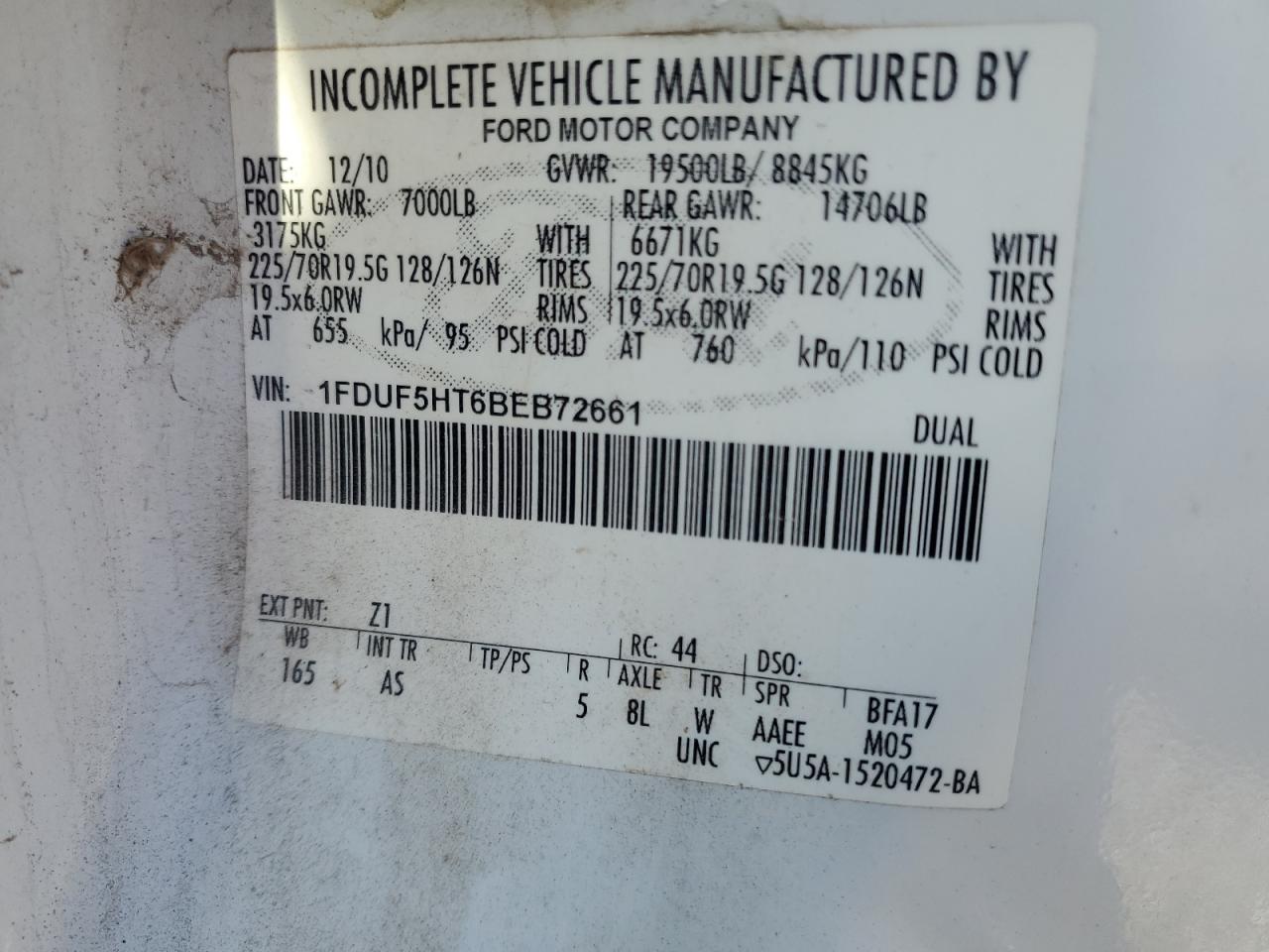 2011 Ford F550 Super Duty VIN: 1FDUF5HT6BEB72661 Lot: 52869685