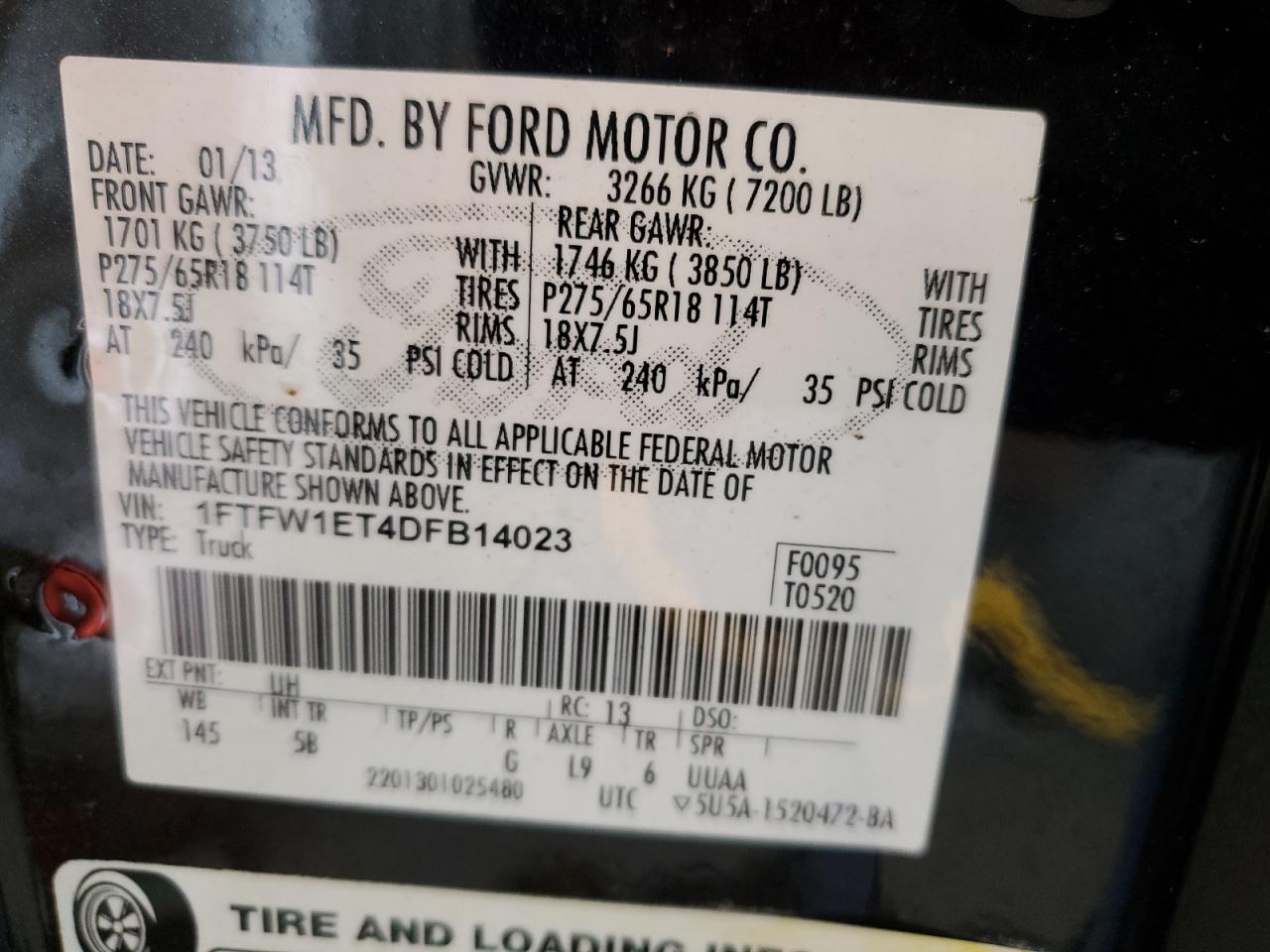 2013 Ford F150 Supercrew VIN: 1FTFW1ET4DFB14023 Lot: 54371965