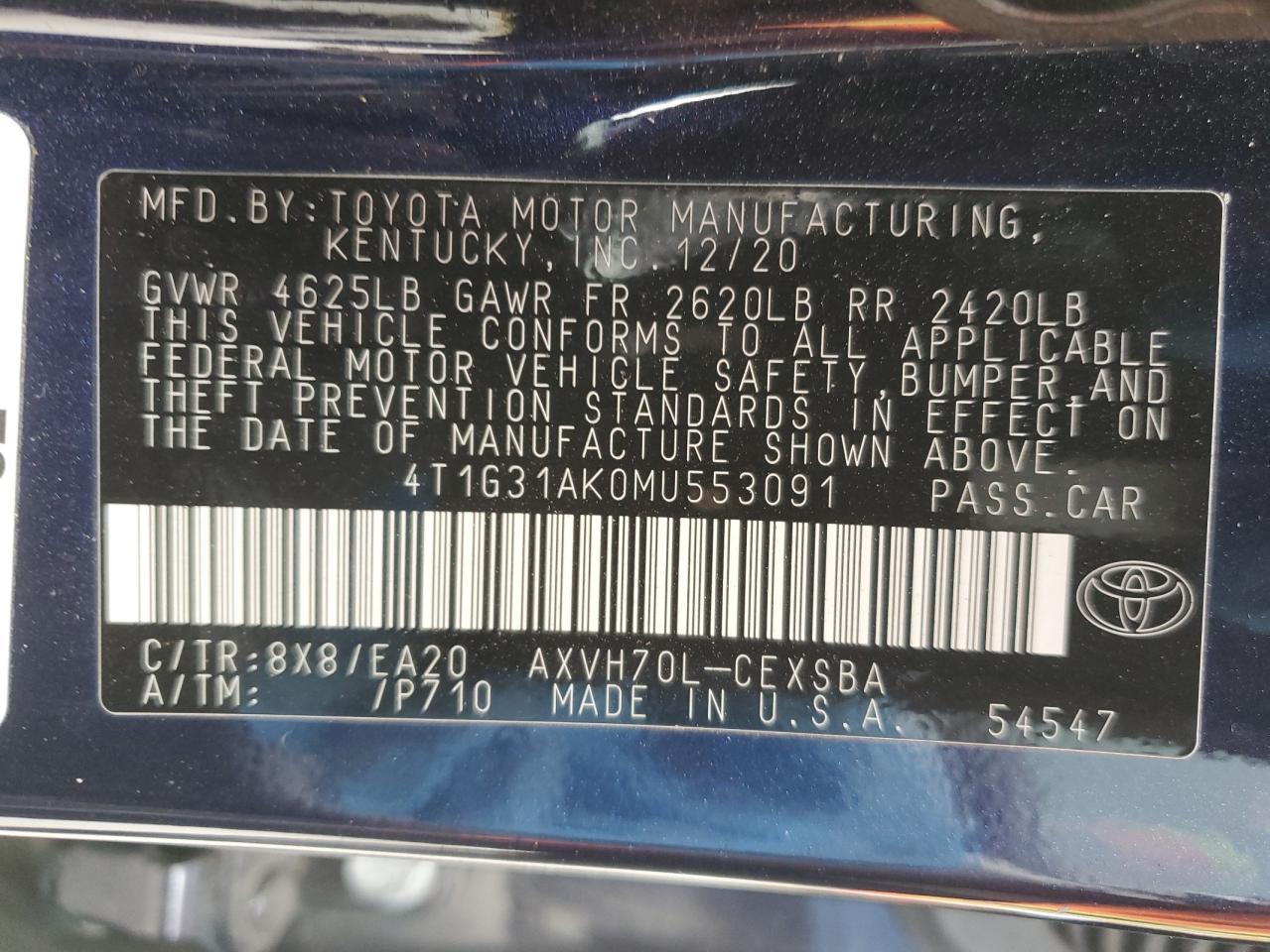 2021 Toyota Camry Se VIN: 4T1G31AK0MU553091 Lot: 53812835