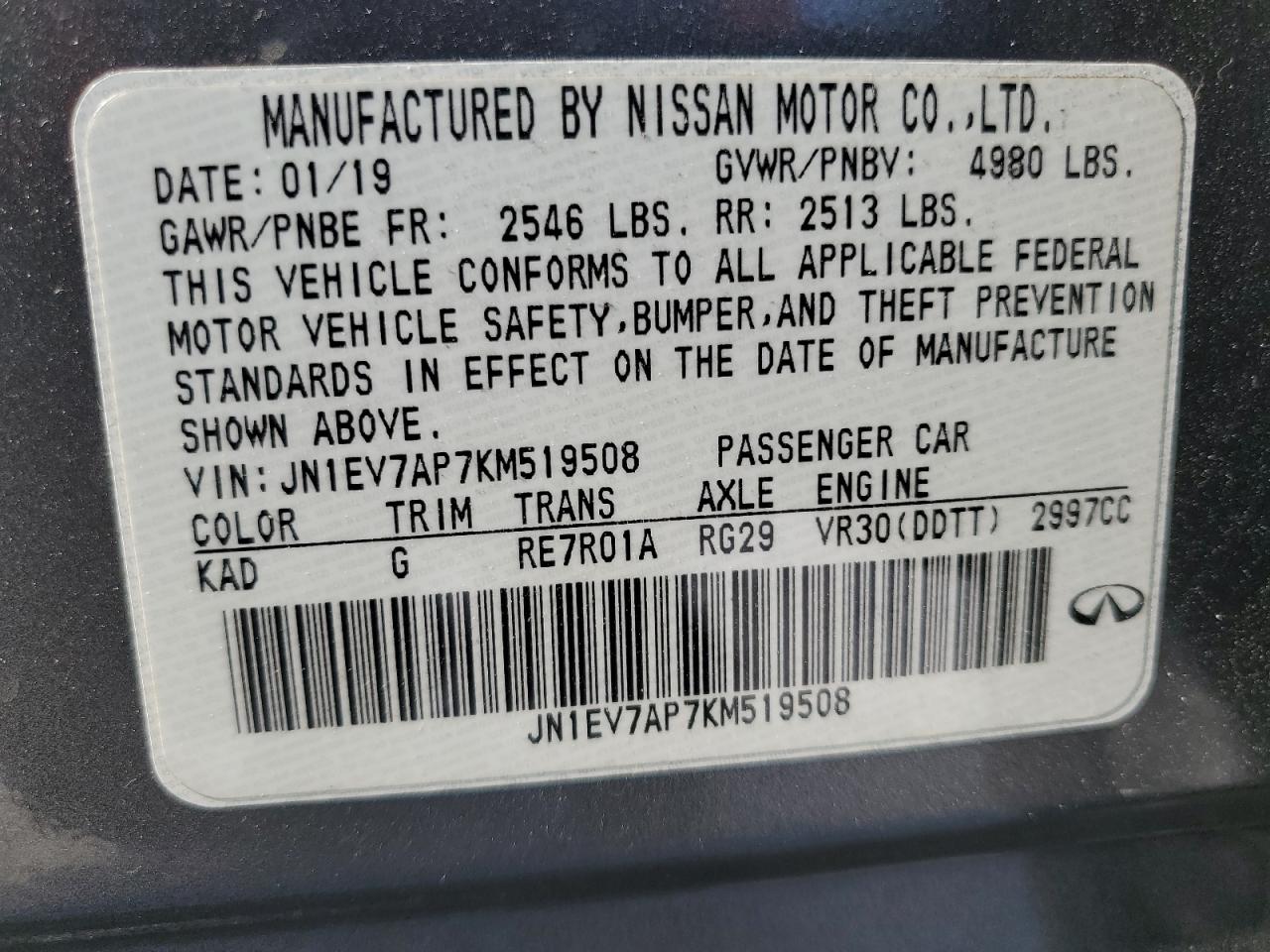 2019 Infiniti Q50 Luxe VIN: JN1EV7AP7KM519508 Lot: 53206555