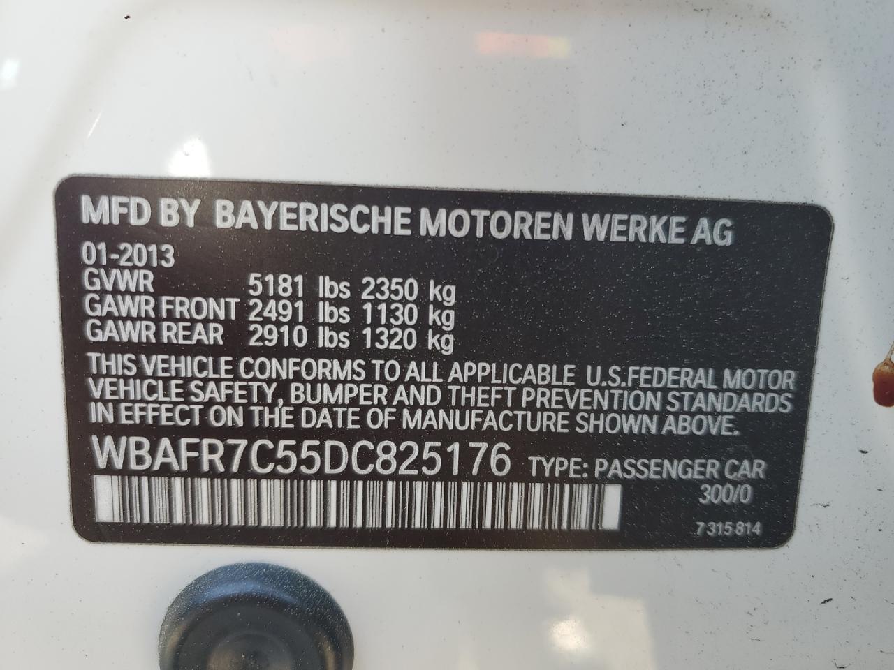 2013 BMW 535 I VIN: WBAFR7C55DC825176 Lot: 51974805