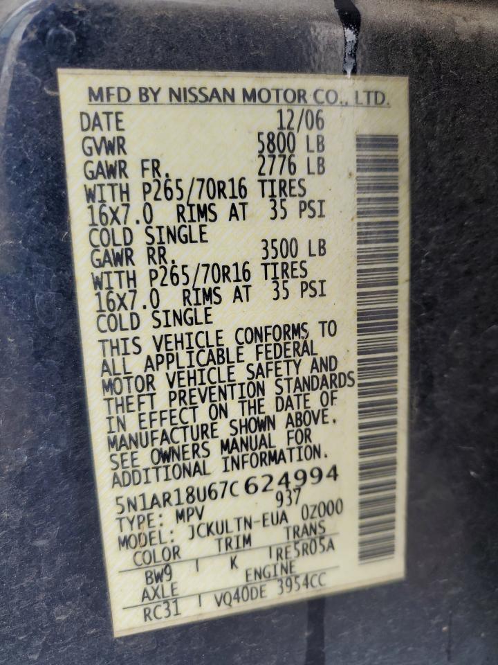 2007 Nissan Pathfinder Le VIN: 5N1AR18U67C624994 Lot: 53977495