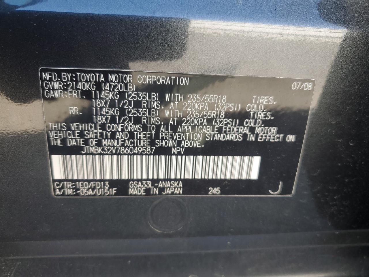 2008 Toyota Rav4 Sport VIN: JTMBK32V786049587 Lot: 39490067