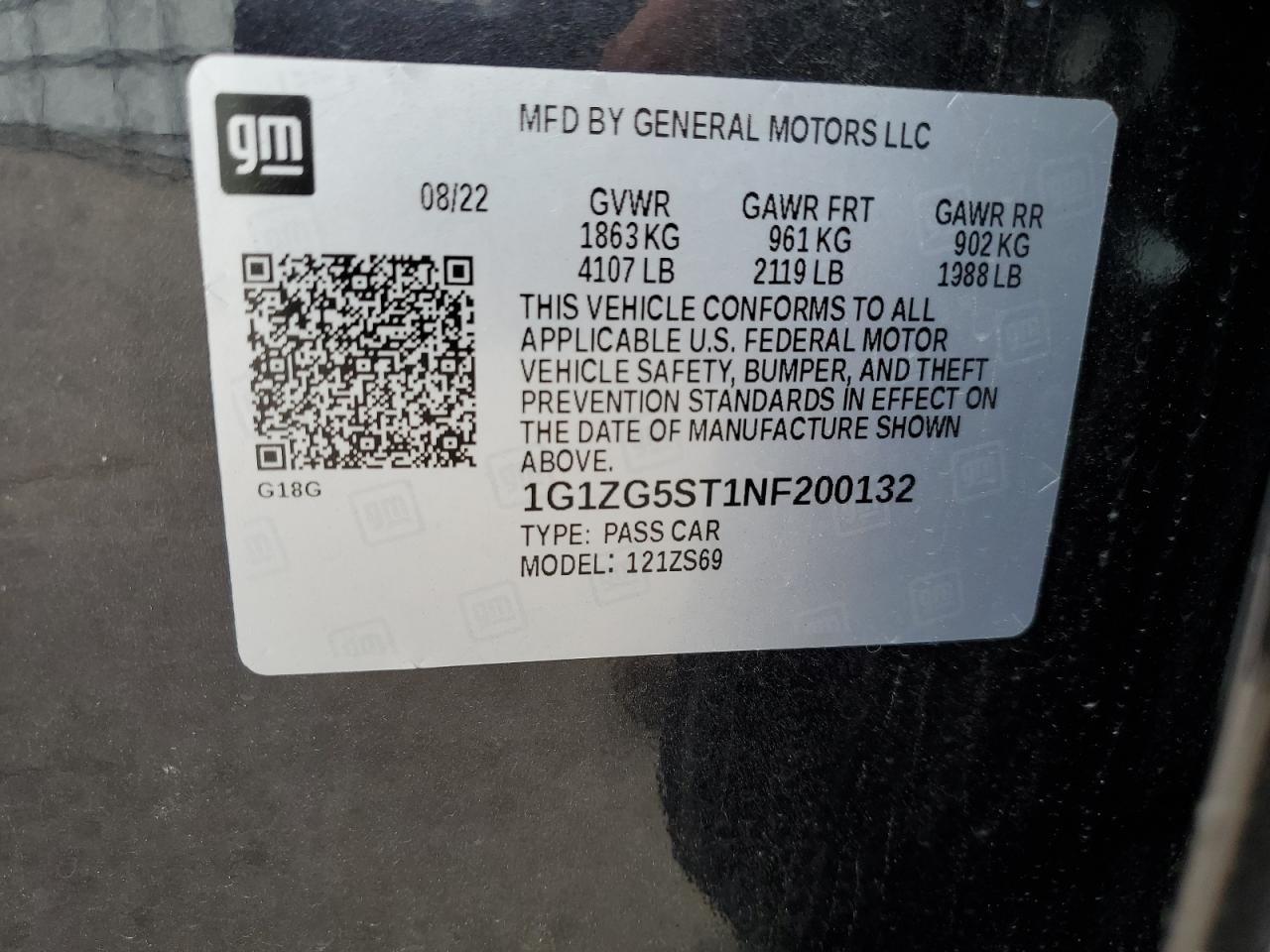 2022 Chevrolet Malibu Rs VIN: 1G1ZG5ST1NF200132 Lot: 53759685