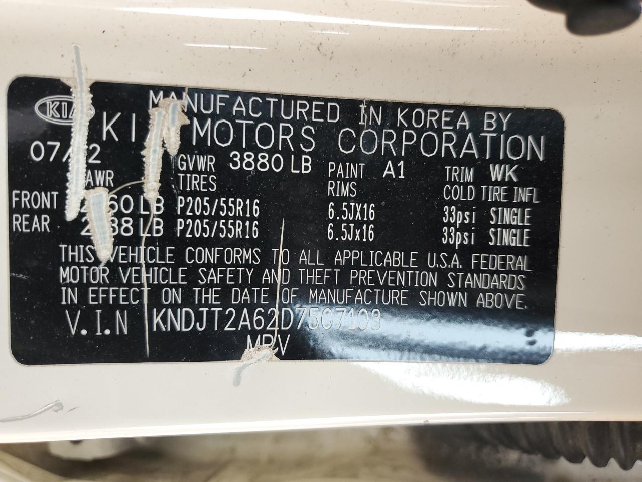 2013 Kia Soul + VIN: KNDJT2A62D7507103 Lot: 53498125