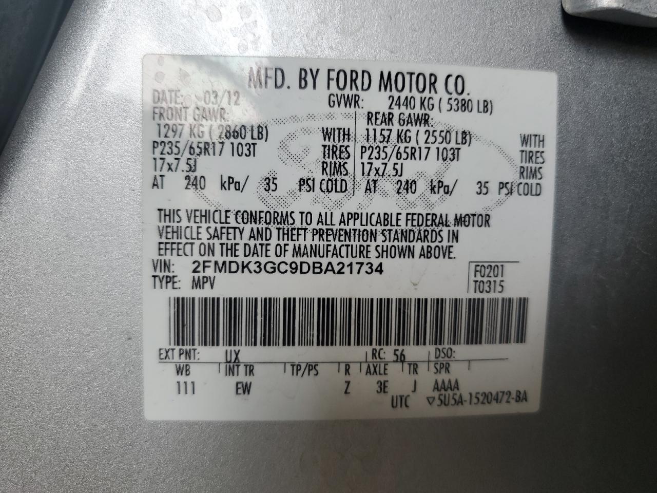 2013 Ford Edge Se VIN: 2FMDK3GC9DBA21734 Lot: 52705915