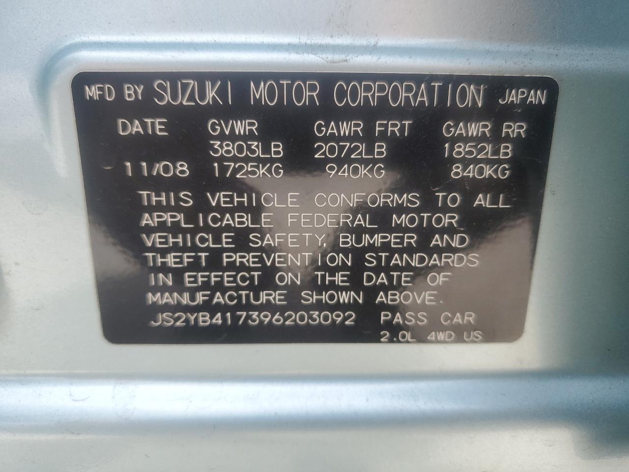 2009 Suzuki Sx4 Touring VIN: JS2YB417396203092 Lot: 53965685